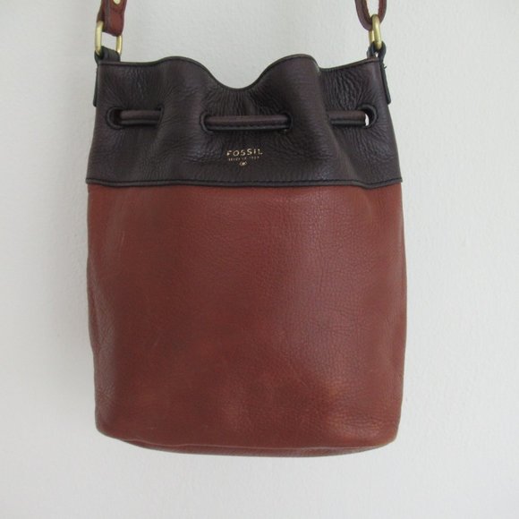 Fossil 100% Leather and Suede Bucket Shoulder Handbag Crossbody Medium sz Brown - Picture 5 of 13